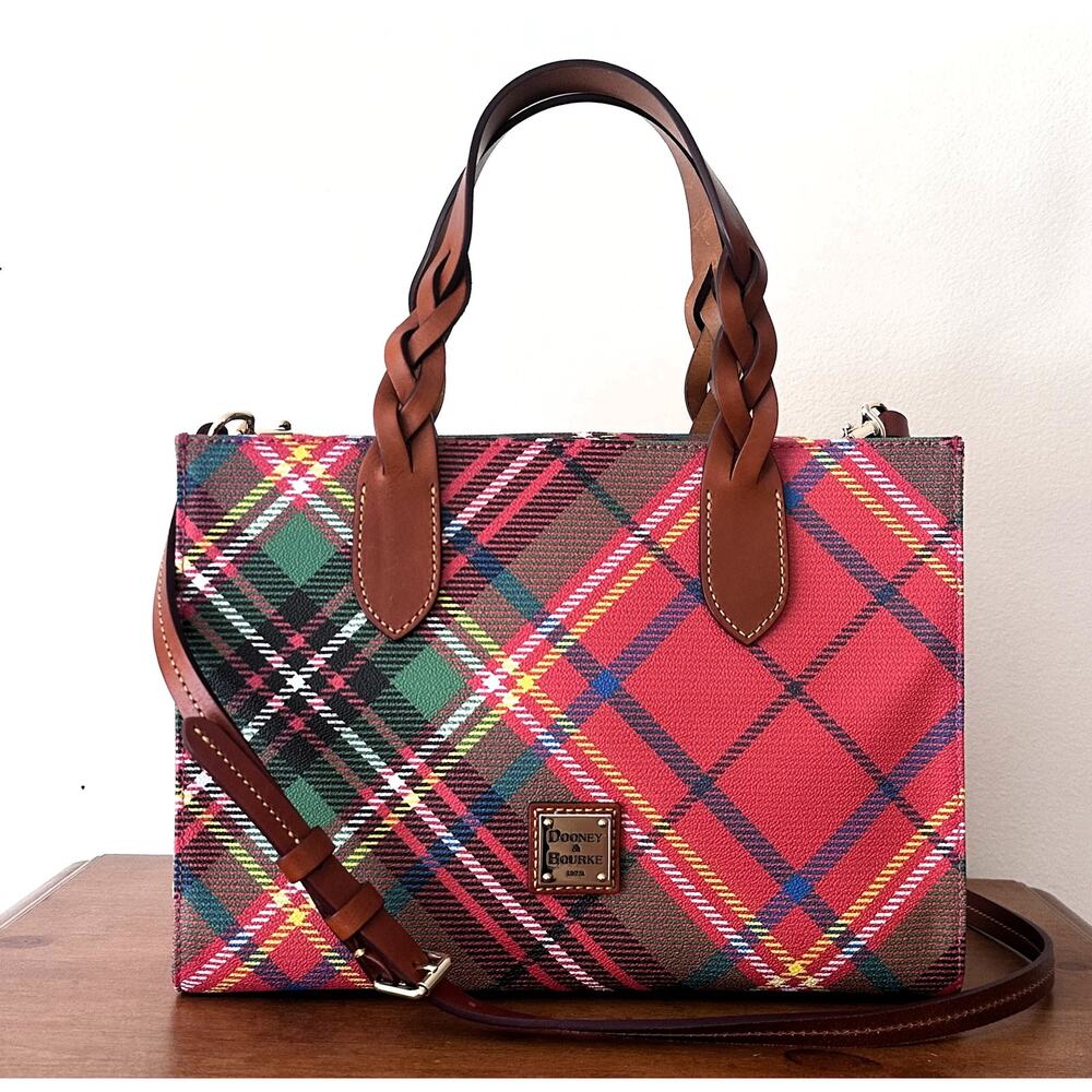 Dooney & Bourke Gia Satchel Bag Red Plaid Coated Cotton Tartan Purse Pristine